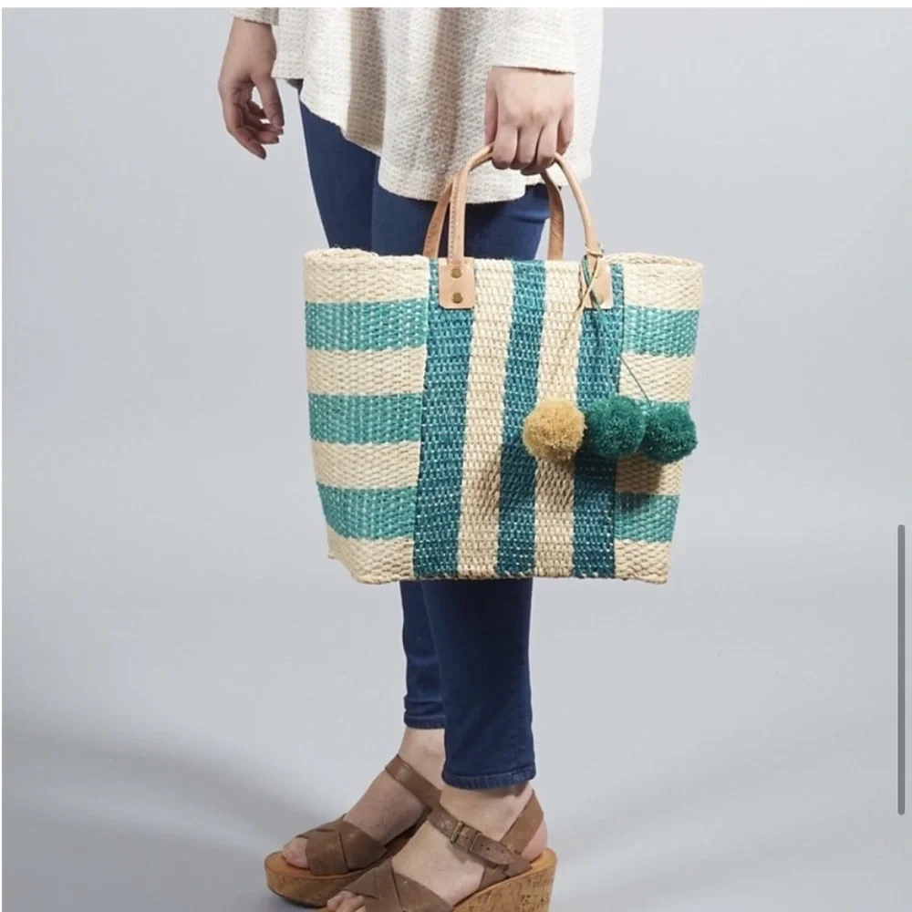 Mar Y Sol Collins striped seagrass pom pom tote - Picture 5 of 11